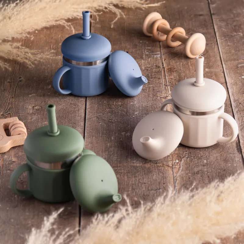 Jumble Jug stainless steel 3-in-1 toddler sippy cup shown in sage, cream and blue