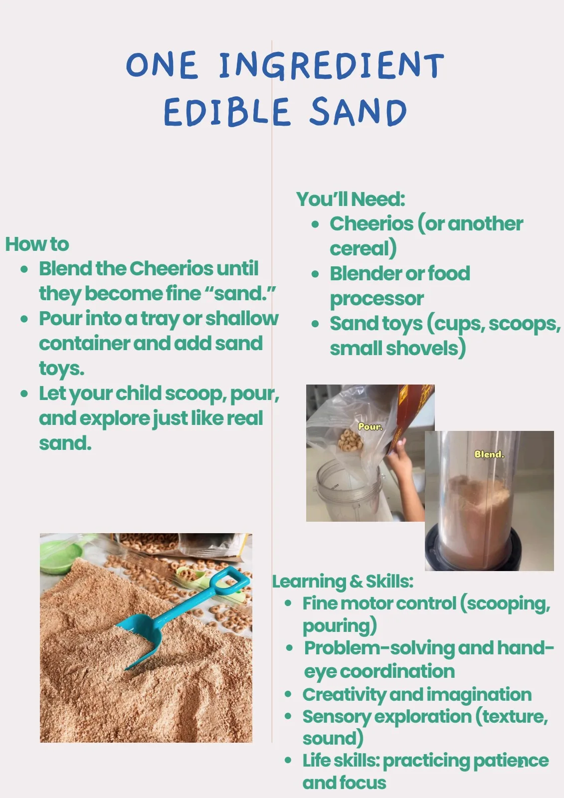 Toddler scooping homemade edible cereal sand from a sensory tray