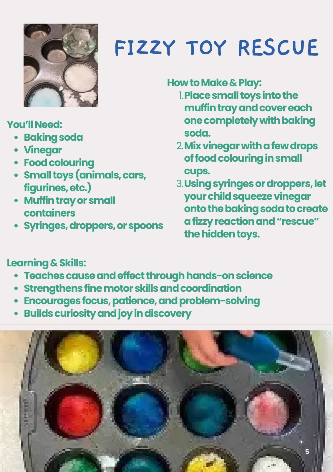 Toddler squeezing coloured vinegar onto baking soda to rescue hidden toys