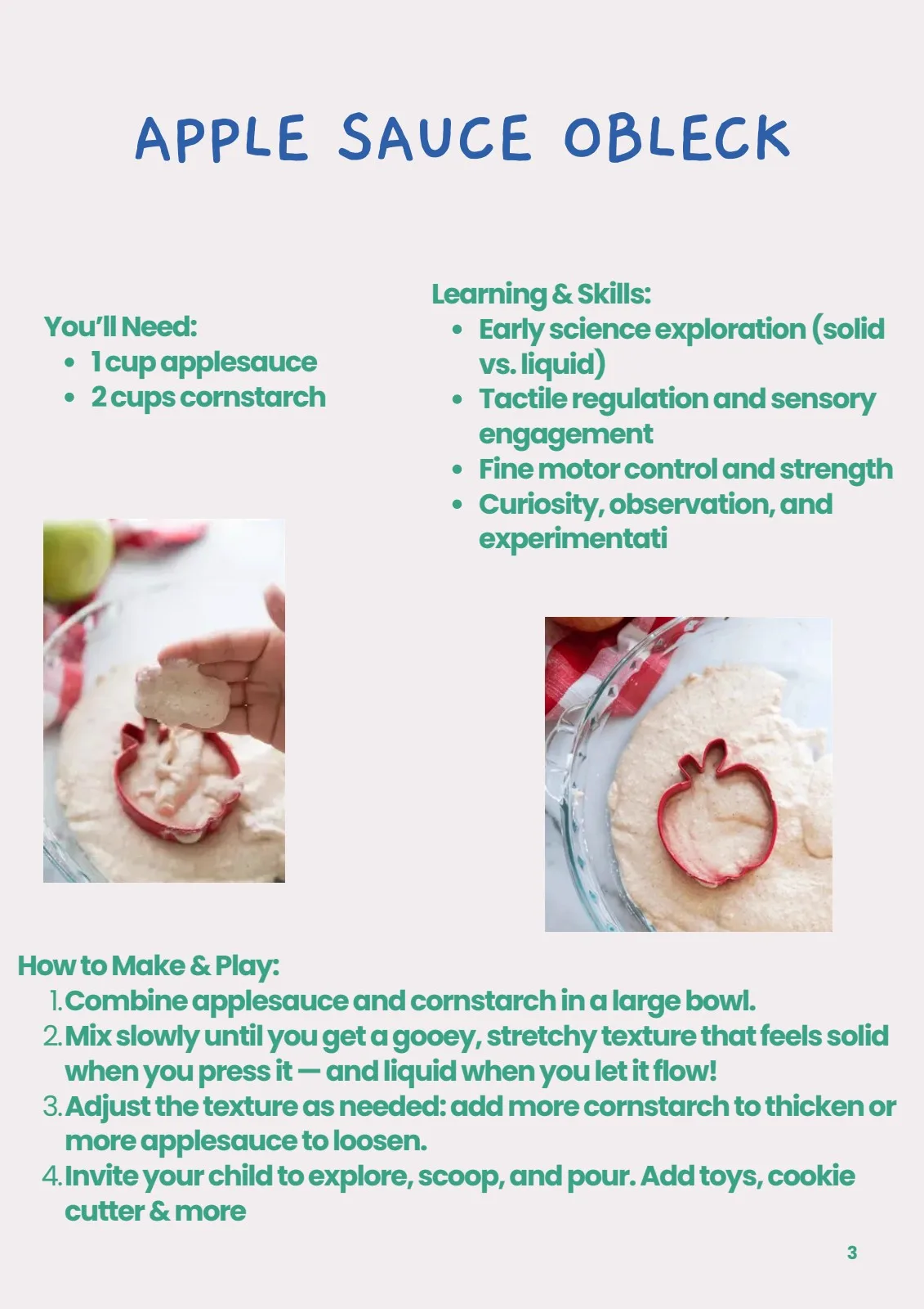 Child pressing taste-safe applesauce oobleck that turns from solid to liquid