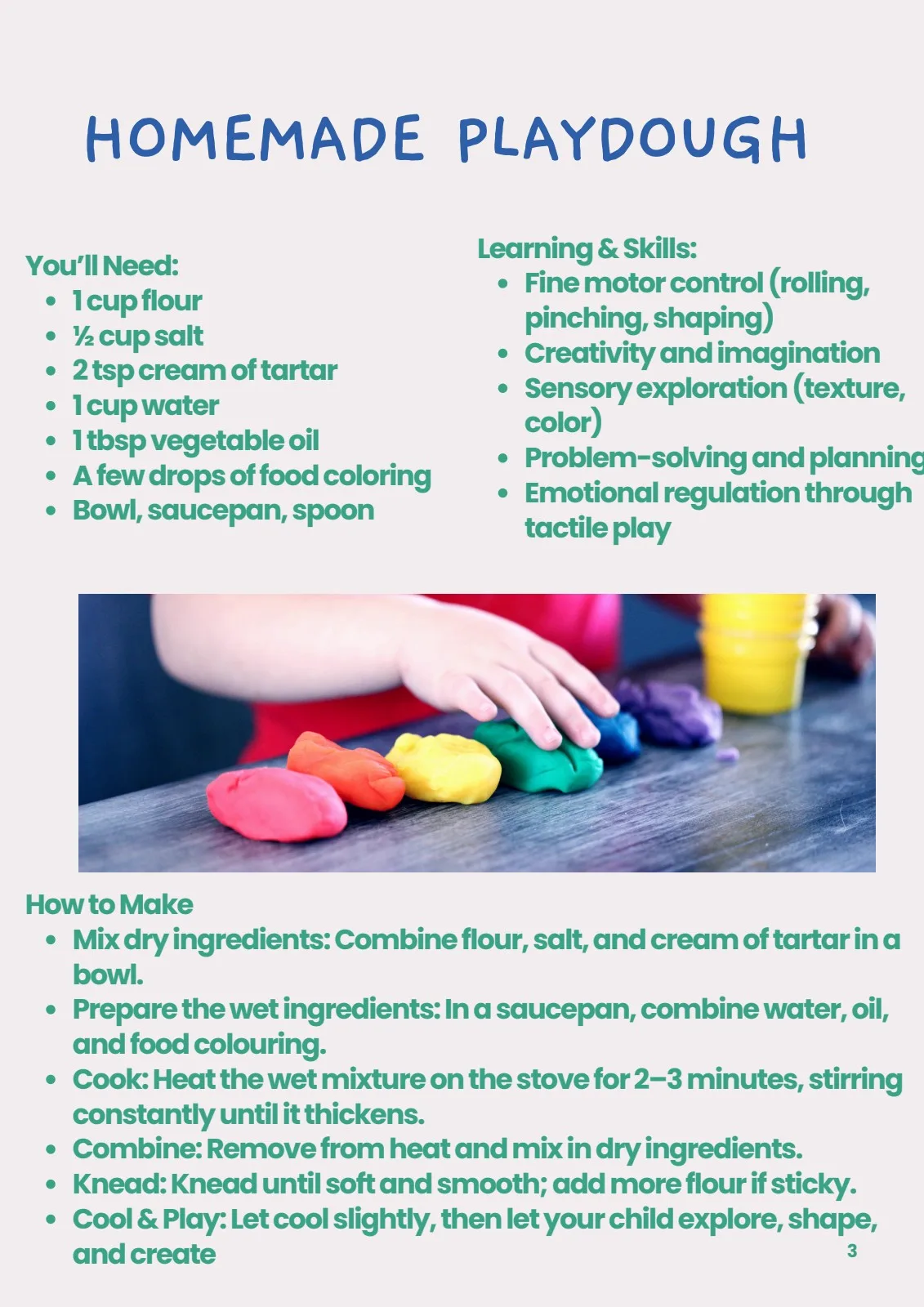 Child rolling soft homemade playdough in bright colours on a table