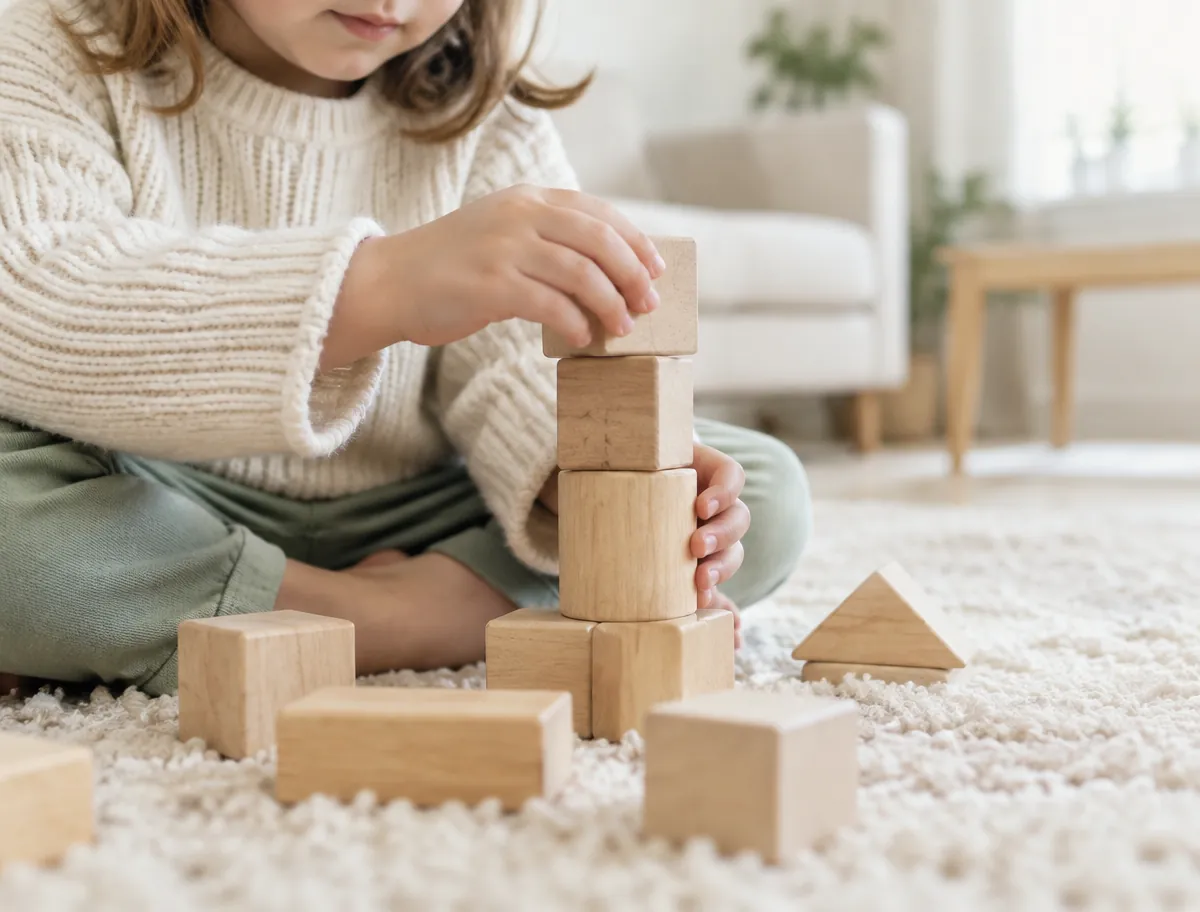 Child stacking natural wooden blocks on a soft cream rug
