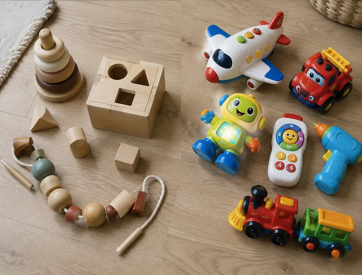 Wooden Montessori toys laid out beside brightly coloured plastic toys