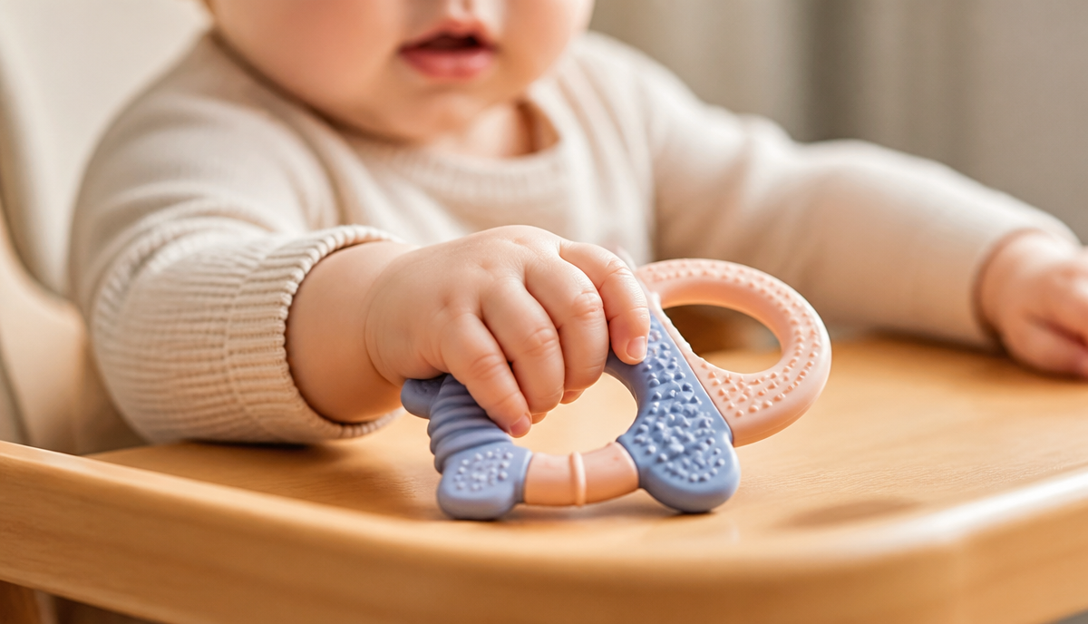 Baby's hand gripping a soft pastel silicone teething toy on a wooden tray