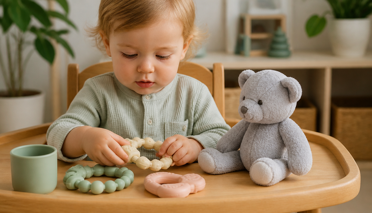 Toddler exploring pastel silicone teethers and a weighted grey teddy bear on a wooden tray