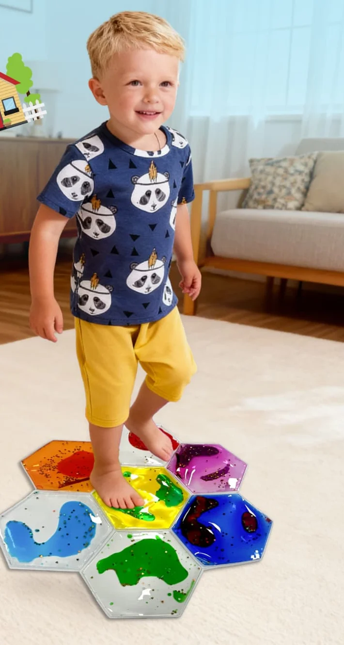 Child playing with Jumble Comb sensory tiles — At Home