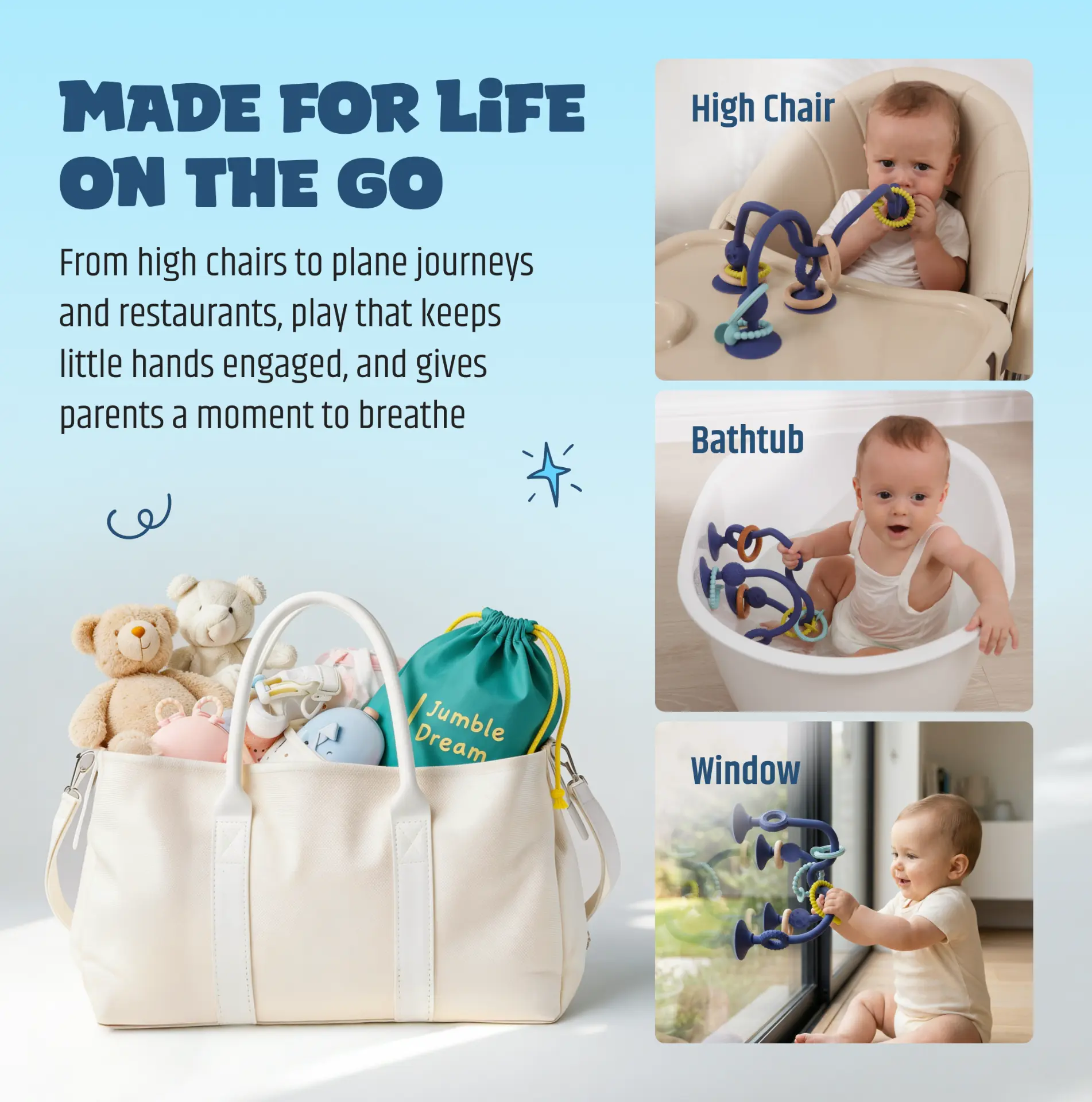 Jumble Jangle suction rattle used on a high chair, in the bath and on a window