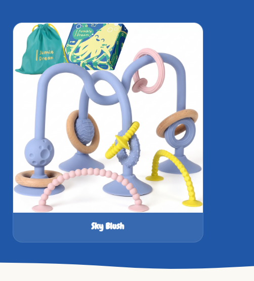 Jumble Jangle suction rattle and sensory teether in Light Blue