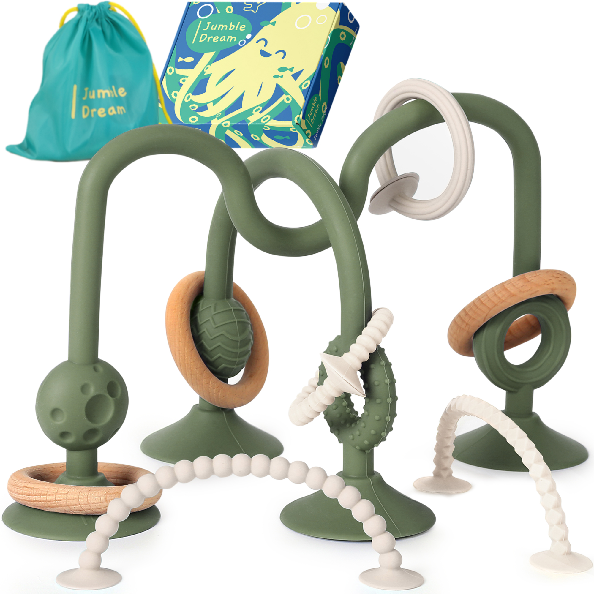 Jumble Jangle suction rattle and sensory teether in Olive Sage green