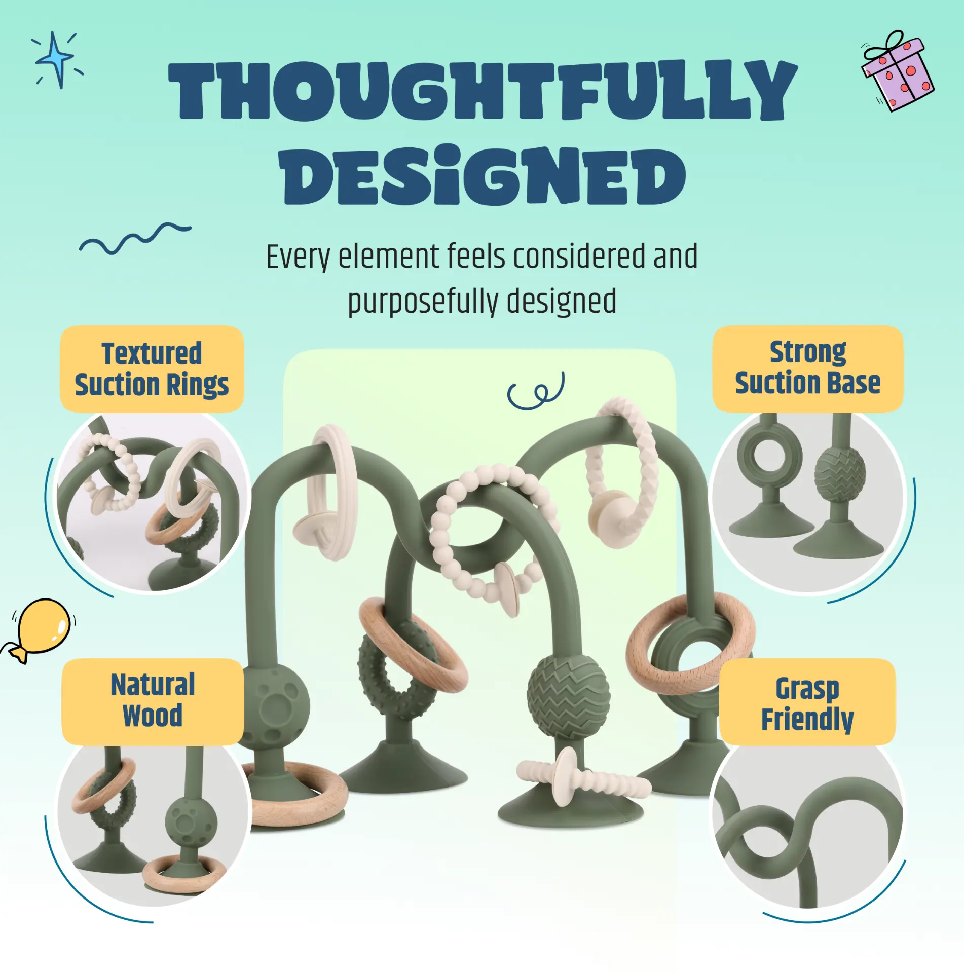Jumble Jangle design details — textured suction rings, natural wood and strong suction base