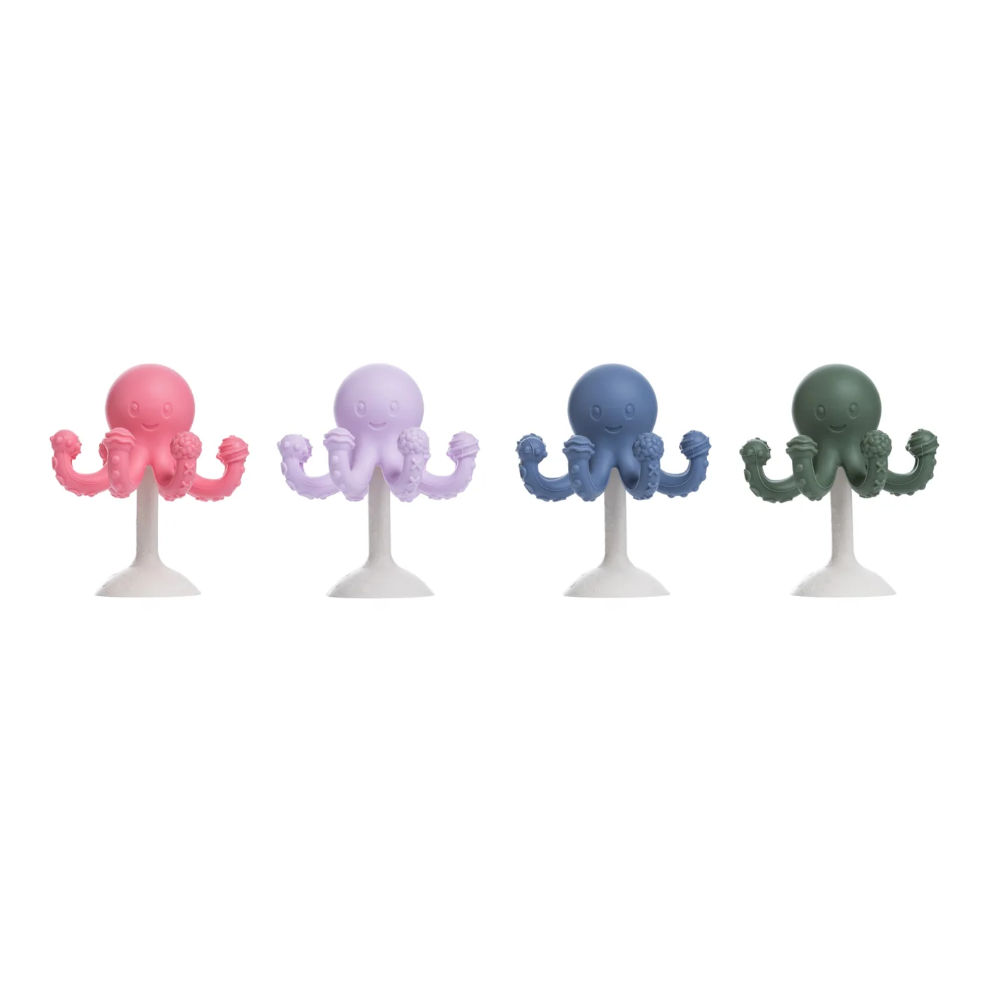 All four Jumble Waggle octopus teether colourways lined up together