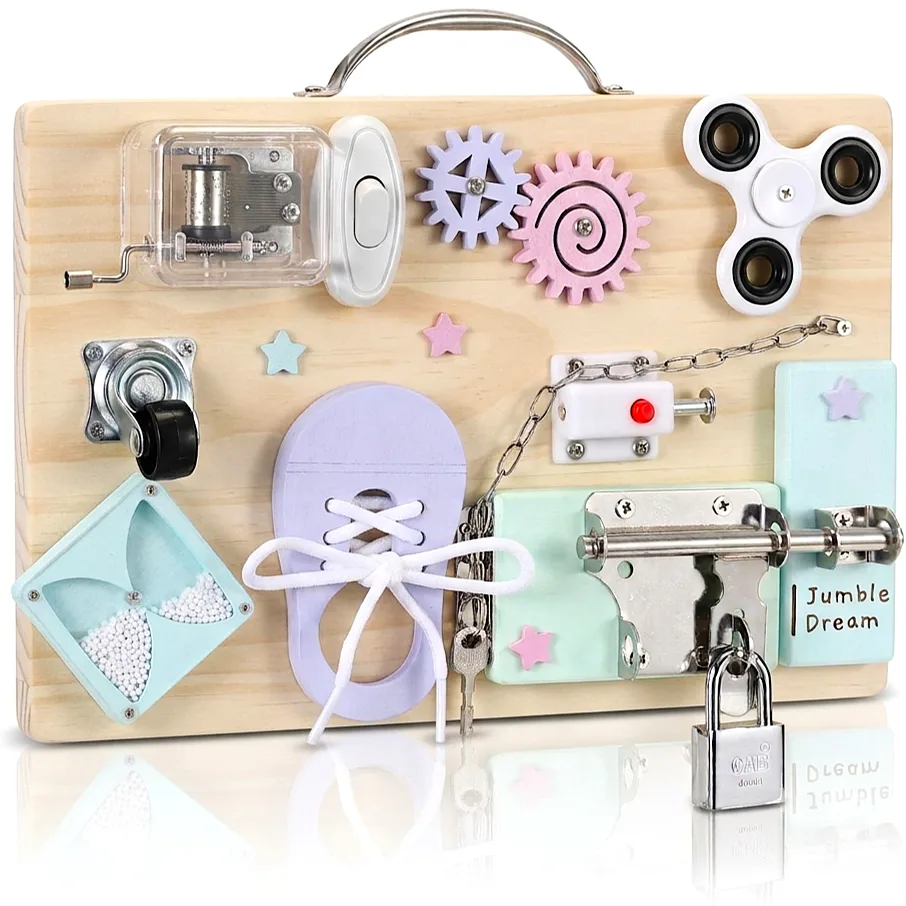 Jumble Busy Board in the Pastel Party lilac, mint and blush colourway