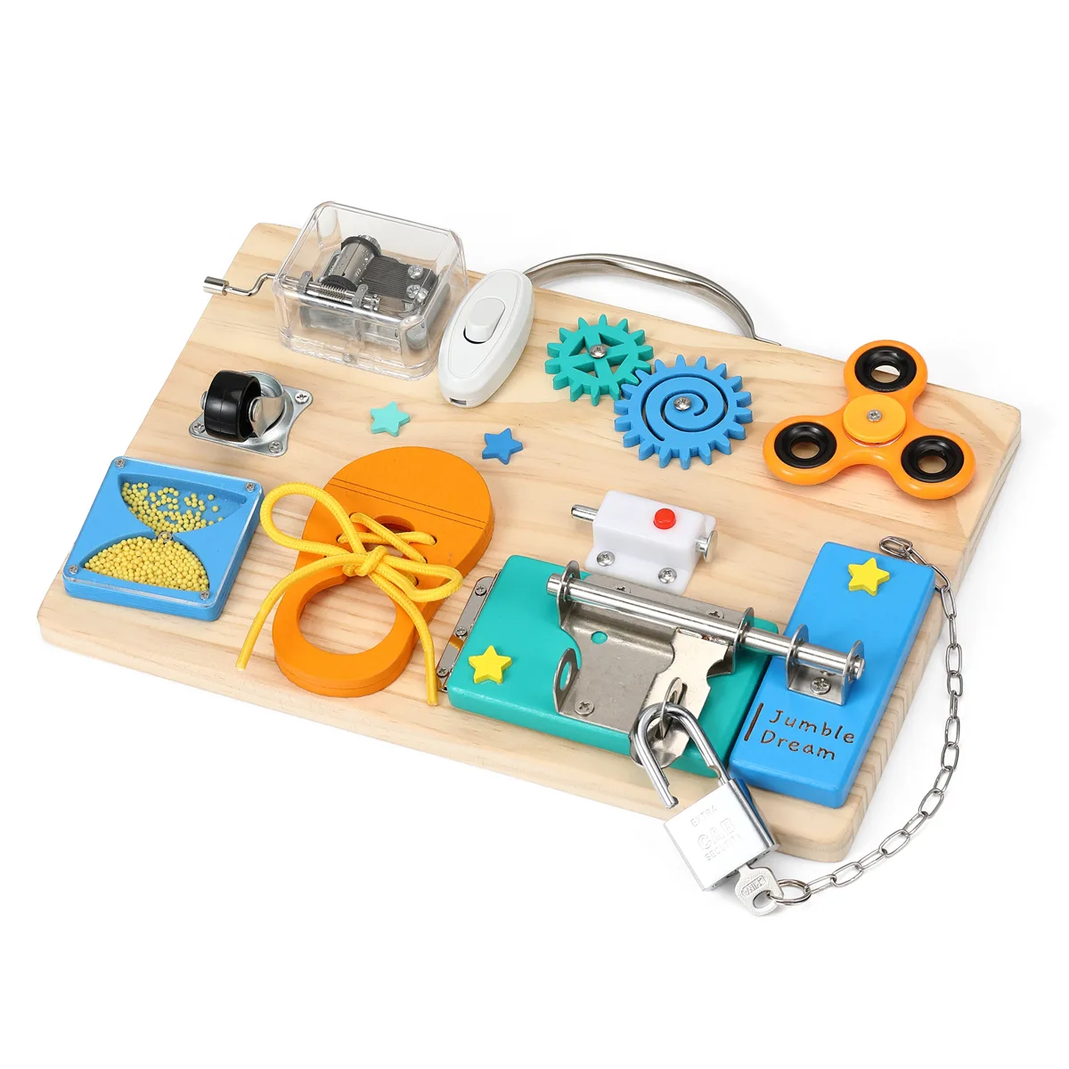 Jumble Busy Board in the Tropical Twist teal, blue and orange colourway