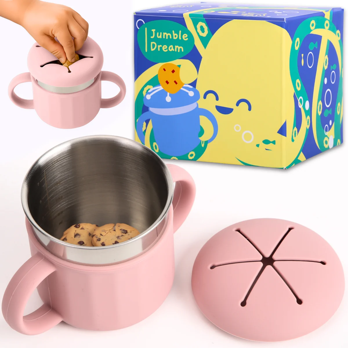 Jumble Snack Cup stainless steel snack pot in Petal Blush pink