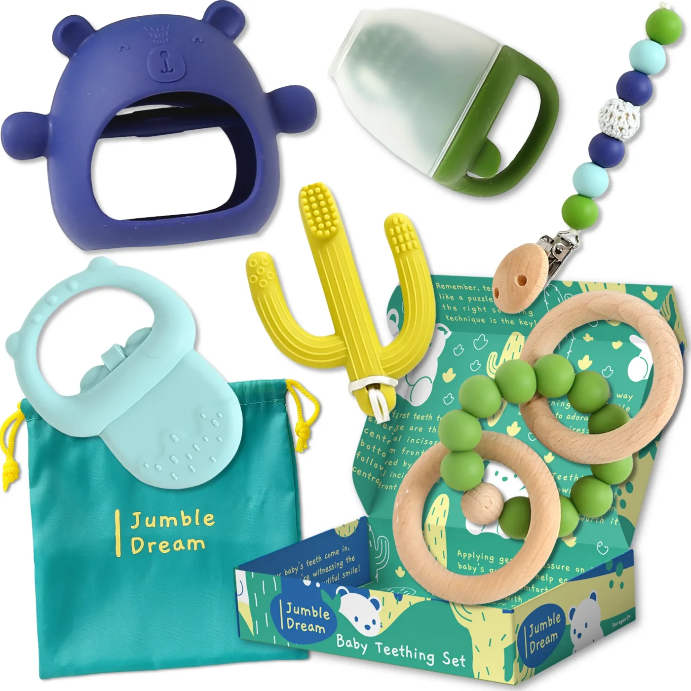 Jumble Dream Teether Set in the Dark colour set with navy, green and yellow pieces