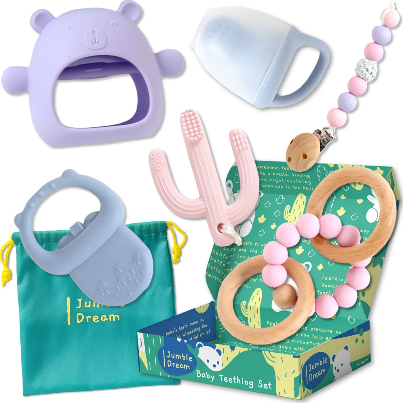 Jumble Dream Teether Set in the Light colour set with lilac, blue and pink pieces